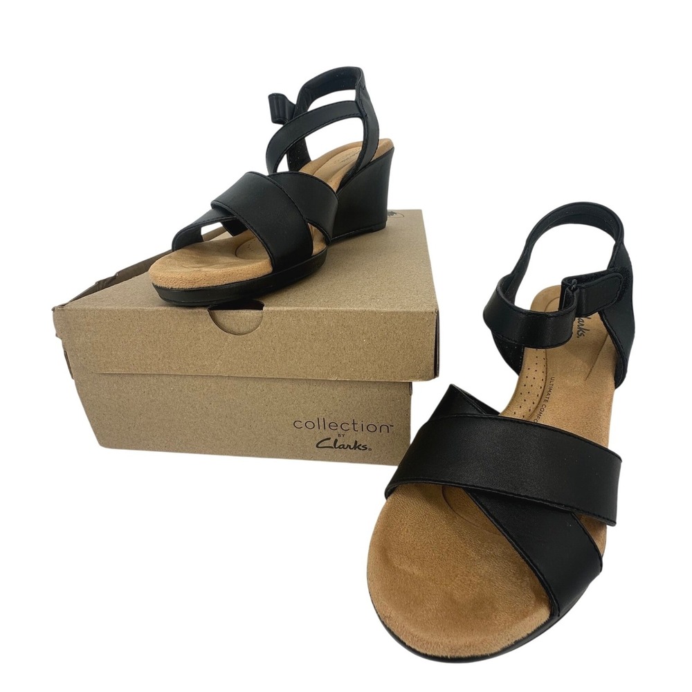 Clarks Collection Tulip Gem Black Leather Wedge Sandals Womens 8.5‎ Career